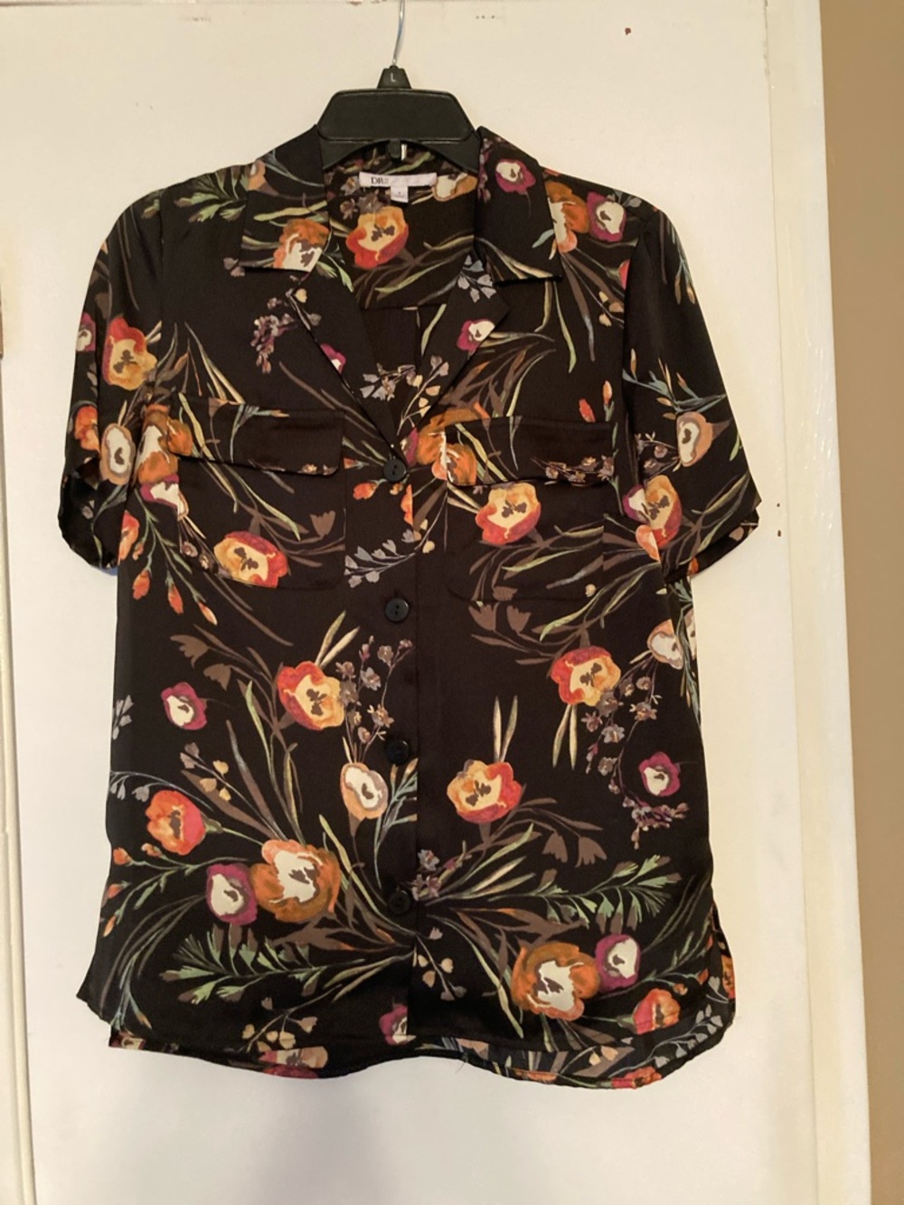 DR2 Black Floral Button-Up Blouse with Orange and Pink Accents